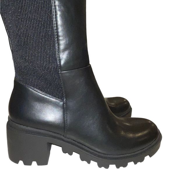 Beautiful Knee-High Stretch Panel Vegan 🌱 Leather Chunky Sole Boots - NWT - Picture 7 of 7